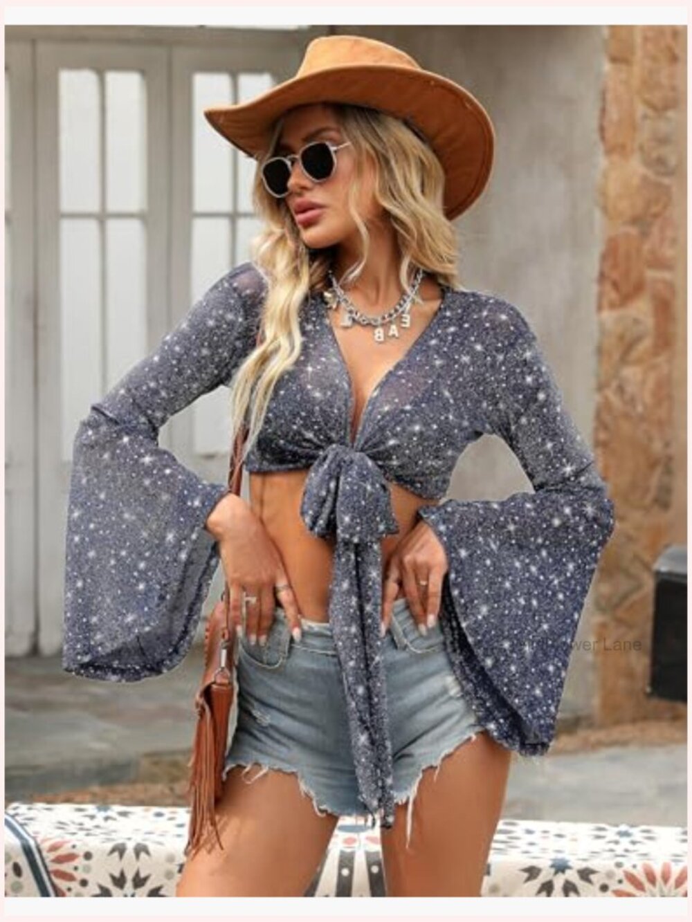 Women Tie Front Bell Sleeve Rave Crop Top Floral Print Mesh Sheer Shirt - Picture 3 of 7